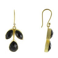 Boucles d'Oreilles Argent 925 Doré Crochet Tige de Feuilles en Onyx Noir