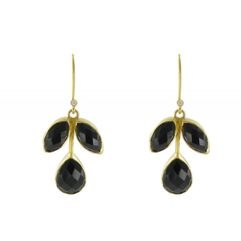 Boucles d'Oreilles Argent Doré Crochet Tige de Feuilles en Onyx Noir - vue 3