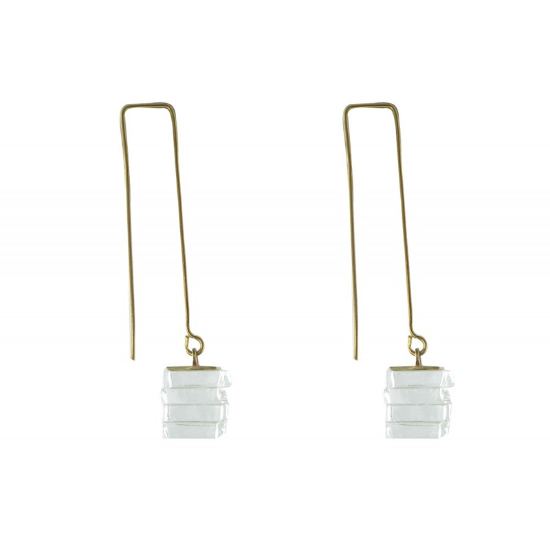 Boucles d'Oreilles Cube en Laiton et Feuilleté en Verre Transparent - vue 2