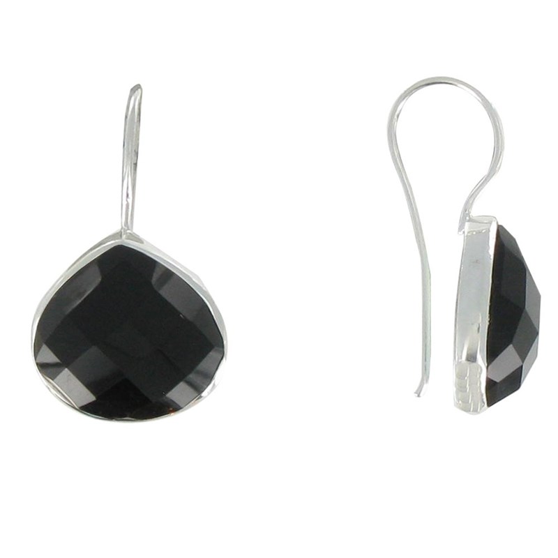 Boucles d'Oreilles Crochet Argent Goutte d'Onyx Noir Facetté