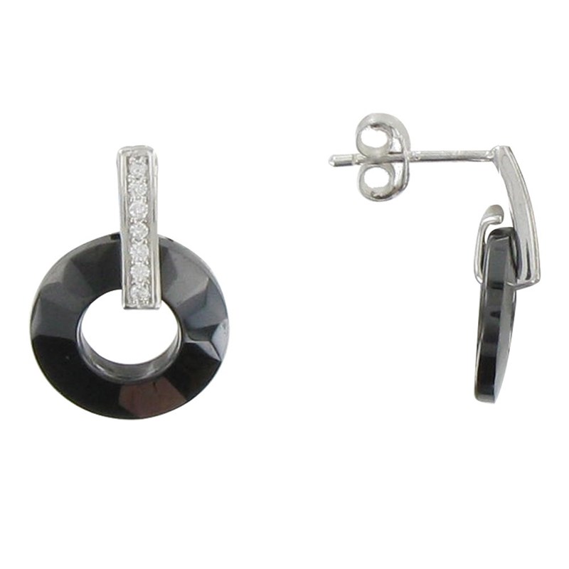 Boucles d'Oreilles Argent Petit Disque Céramique Noire Facettée et Strass