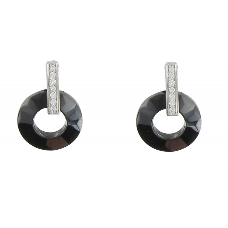 Boucles d'Oreilles Argent Petit Disque Céramique Noire Facettée et Strass - vue 3