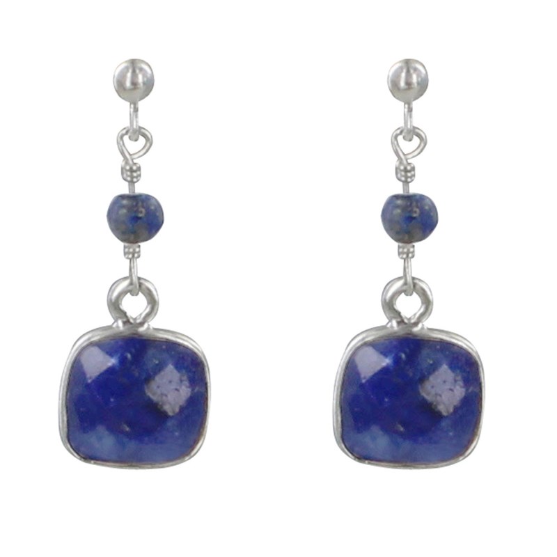 Boucles d'Oreilles Argent Perle et Pavé de Lapis Lazuli Facetté - vue 2