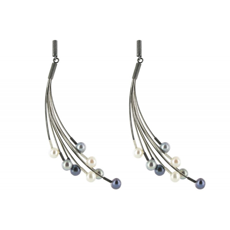 Boucles d'Oreilles Argent Eventail de Perles Grises et Blanches - vue 2