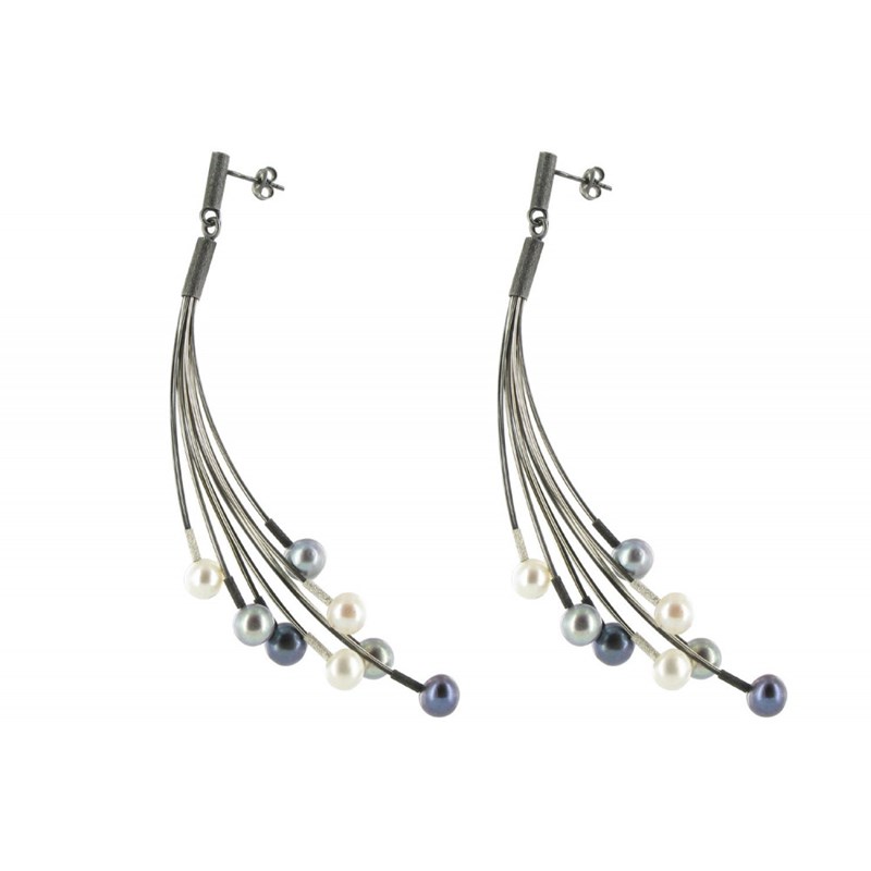 Boucles d'Oreilles Argent Eventail de Perles Grises et Blanches - vue 3