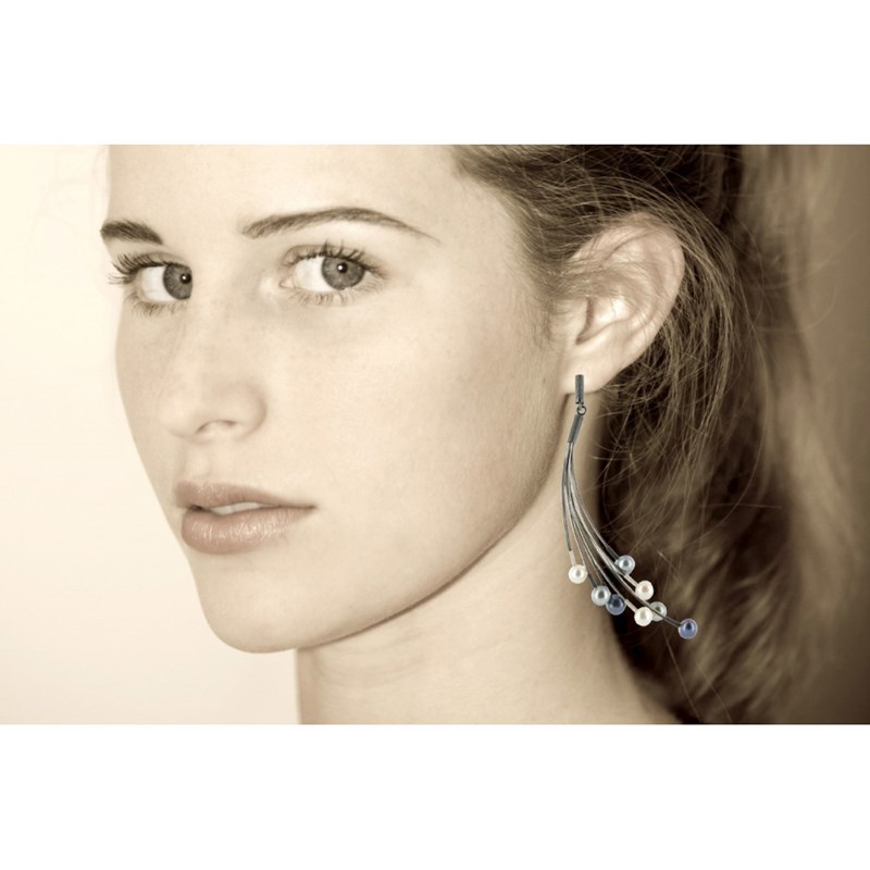 Boucles d'Oreilles Argent Eventail de Perles Grises et Blanches - vue 4