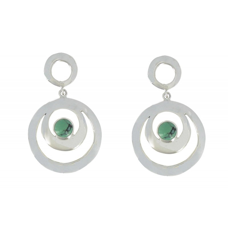 Boucles d'Oreilles Argent Double Cercles et Turquoise - vue 3