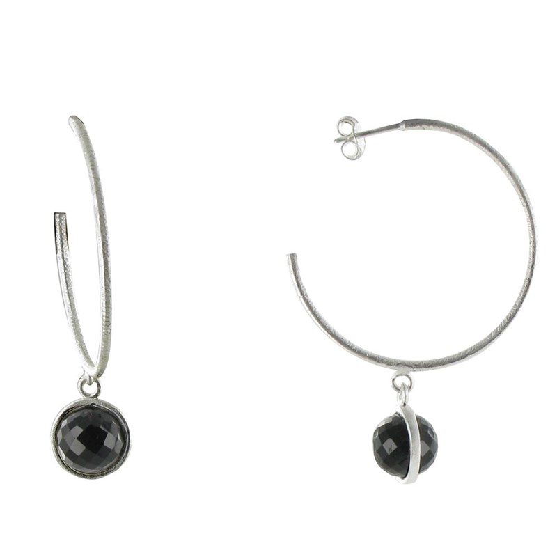 Boucles d'Oreilles Créoles Argent Brossé et Sphère d'Onyx Noir