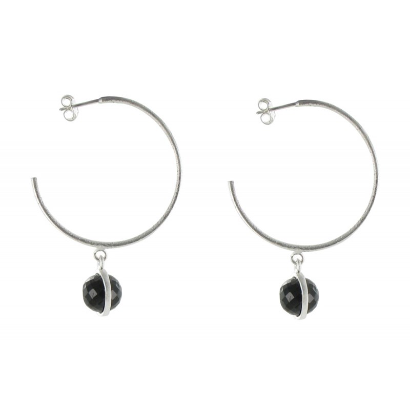 Boucles d'Oreilles Créoles Argent Brossé et Sphère d'Onyx Noir - vue 2