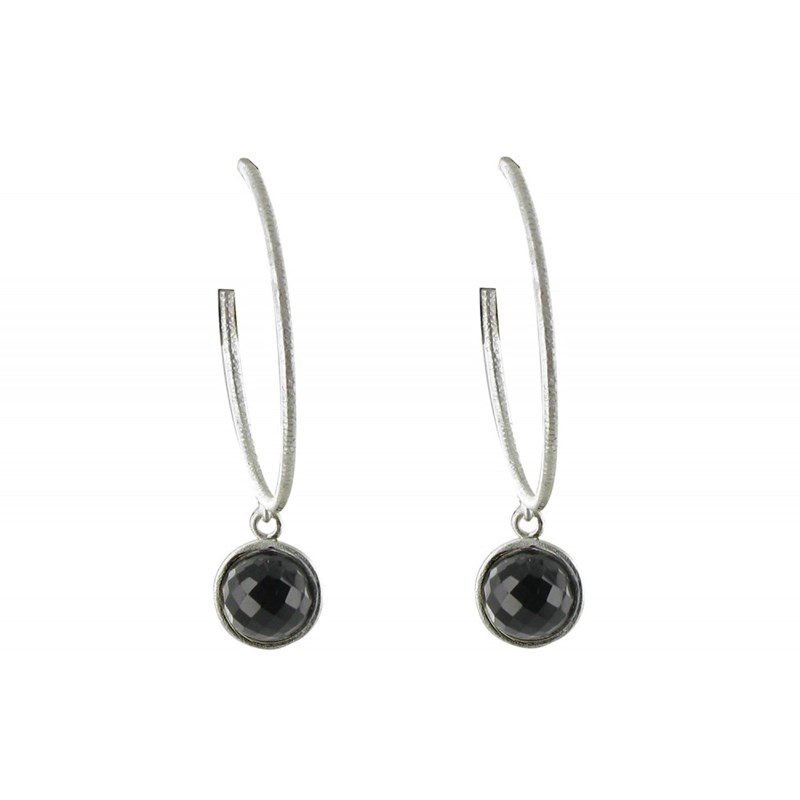 Boucles d'Oreilles Créoles Argent Brossé et Sphère d'Onyx Noir - vue 3