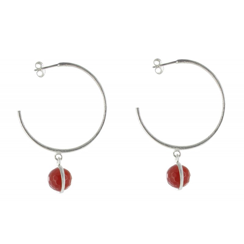 Boucles d'Oreilles Créoles Argent Brossé et Sphère d'Onyx Rouge - vue 2