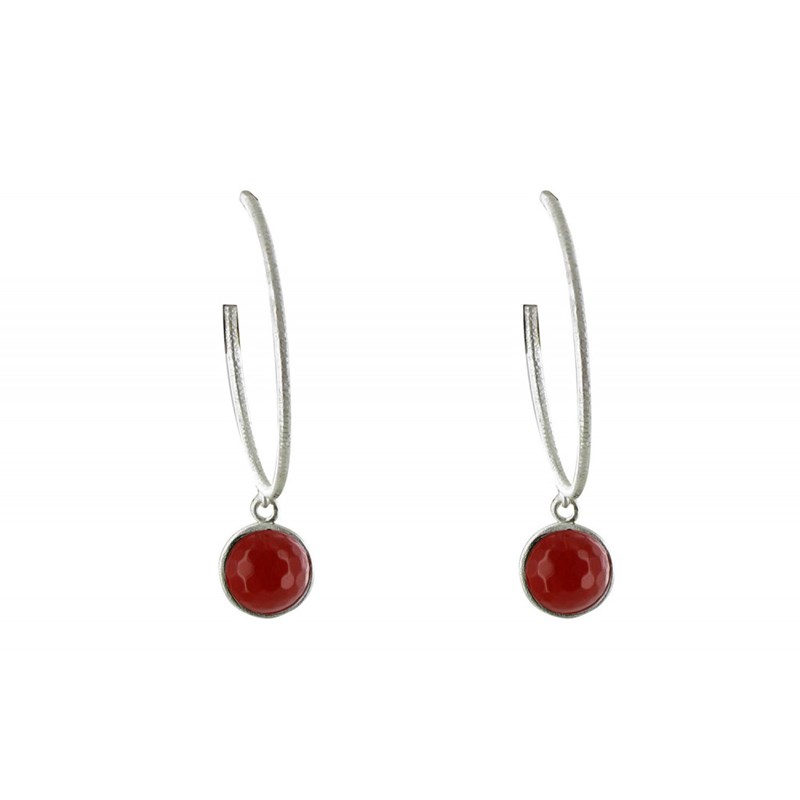 Boucles d'Oreilles Créoles Argent Brossé et Sphère d'Onyx Rouge - vue 3