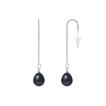 Boucles d'Oreilles Pendantes - Or Blanc Perles de Culture d'Eau Douce - Black Tahiti