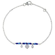 Bracelet Argent 925 Rhodié Petit Coeur Deux Strass et Perles Bleus