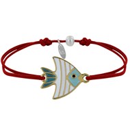 Bracelet Lien Médaille en Laiton Poisson Émaillée Blanche et Turquoise - Rouge
