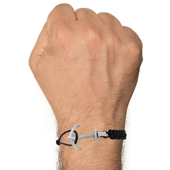 Silver Bracelet Anchor Sliding Braided Link - Black