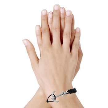 Silver Bracelet Anchor Sliding Braided Link - Black