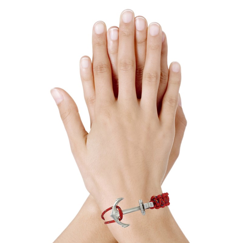 Bracelet Argenté Ancre Lien Bicolore Tressé Coulissant - Rouge - vue 3