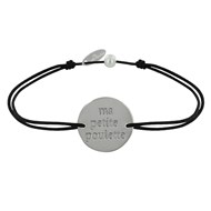 Bracelet Lien Médaille Plaqué Argent Ronde 'Ma Petite Poulette' - Noir