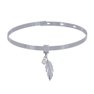 Bracelet Argent 925 Rhodié Jonc Plat Fermeture Crochet Breloques Plume et Strass