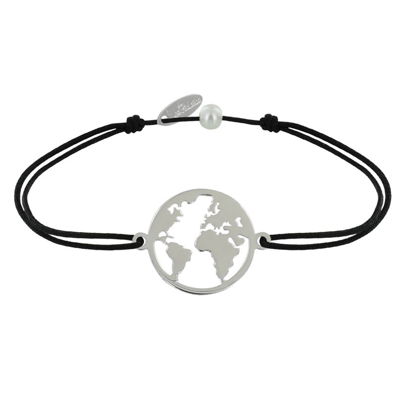Bracelet Lien Médaille Argent 925 Ronde Mappemonde - Noir