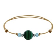 Bracelet Lien Perles Facettées de Larimar et Bouton de Malachite - Or