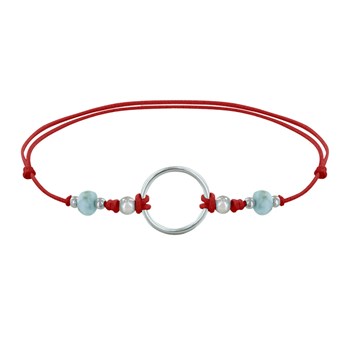 925 Silver Circle Link Bracelet with Two Faceted Larimar Pearls - Red
