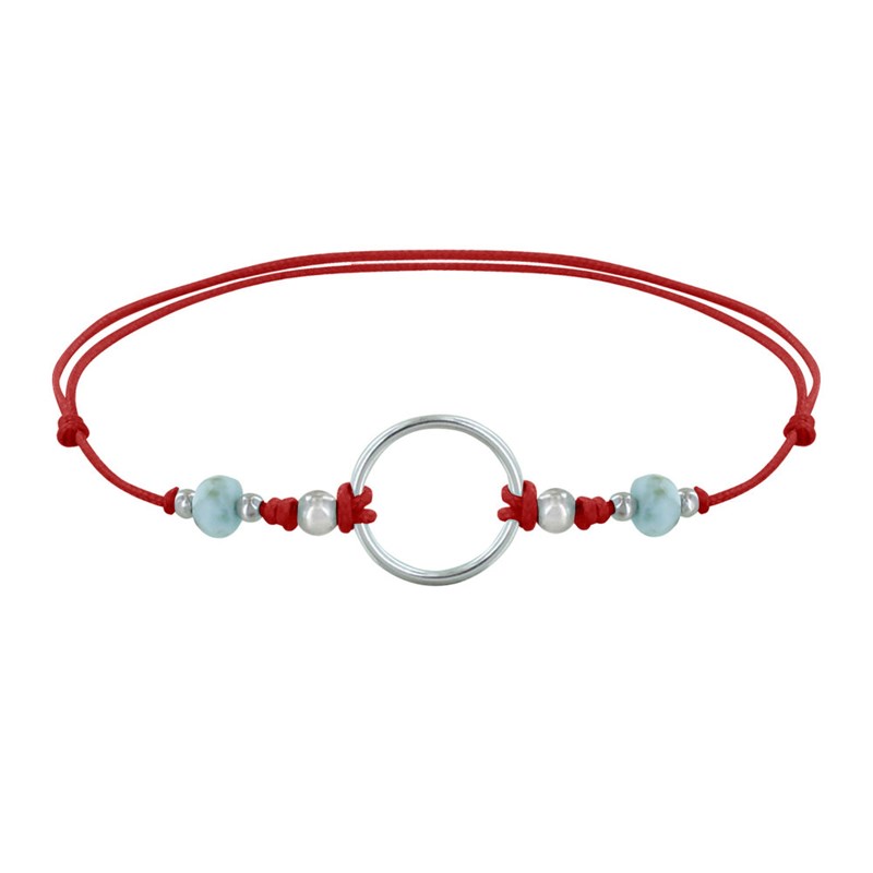 Bracelet Lien Cercle Argent et Deux Perles Facettées de Larimar - Rouge