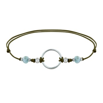 925 Silver Circle Link Bracelet with Two Faceted Larimar Pearls - Khaki Green