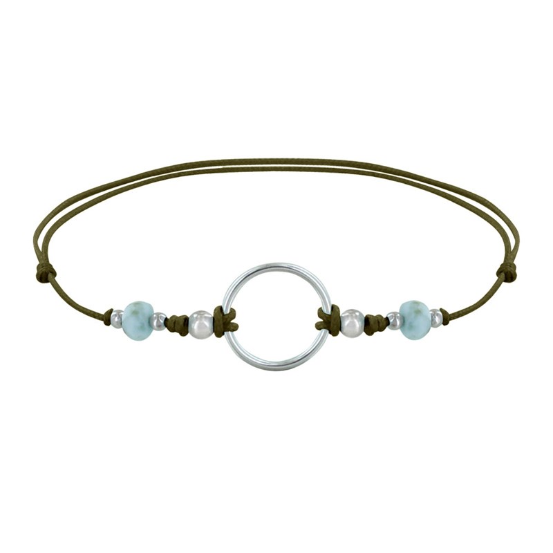 Bracelet Lien Cercle Argent et Deux Perles Facettées de Larimar - Vert kaki