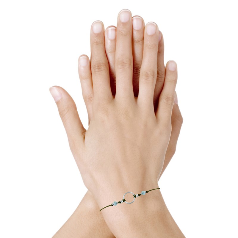 Bracelet Lien Cercle Argent et Deux Perles Facettées de Larimar - Vert kaki - vue 2