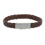 Bracelet Homme Cuir Marron Foncé Tréssé Plat Fermoir Acier Inoxydable