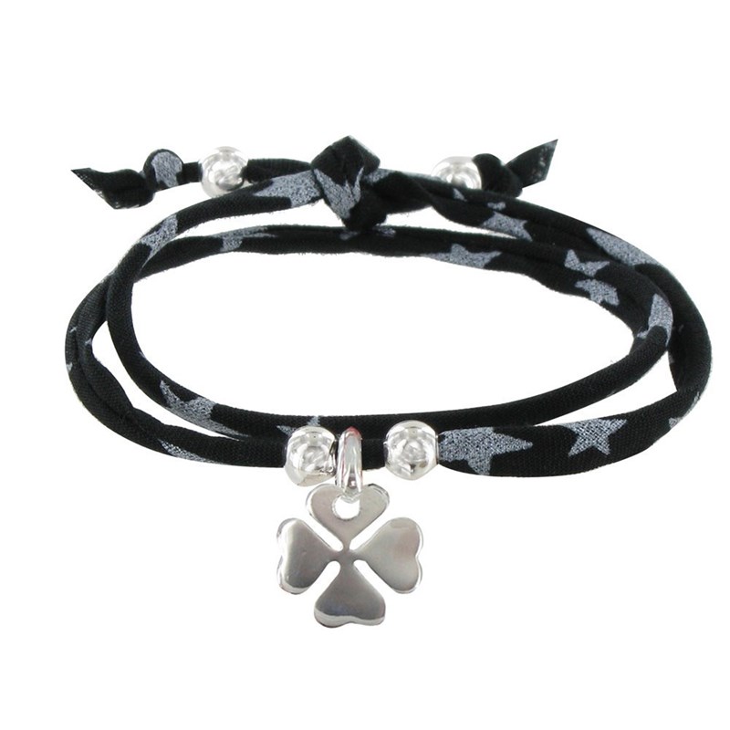 Bracelet Double Tour Lien Etoiles et Trèfle Argent 925 - Classics - Noir