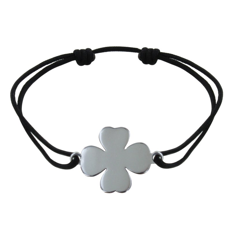 Bracelet Argent Trèfle Lien Noir