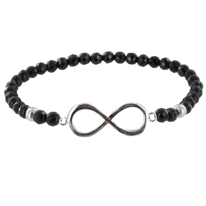 Bracelet Elastique Infini Argent Perles d'Onyx Noire Facettées