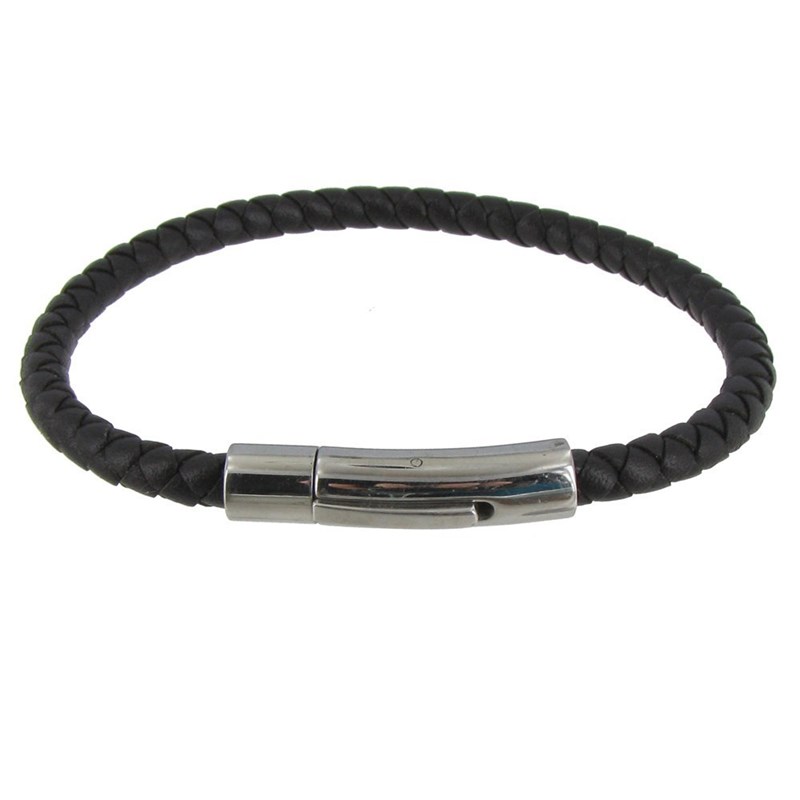 Bracelet Homme Cuir Tréssé Rond Fermoir Acier Inoxydable - Classics - Marron foncé