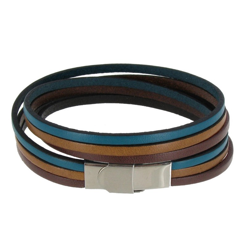 Bracelet Femme Cuir Trois Lanières Turquoise Marron Fermoir Acier Inoxydable