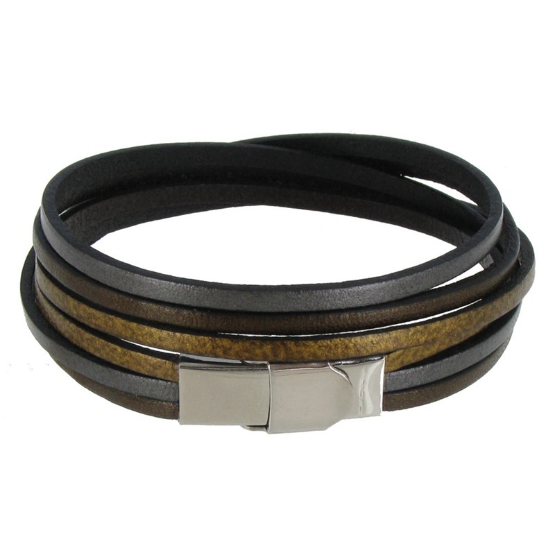 Bracelet Femme Cuir Trois Lanières Bronze Argenté Doré Fermoir Acier Inoxydable