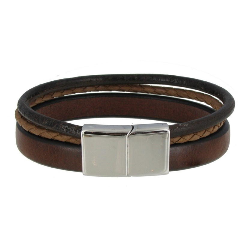 Bracelet Homme Cuir Trois Lanières Fermoir Acier Inoxydable - Classics - Marron clair