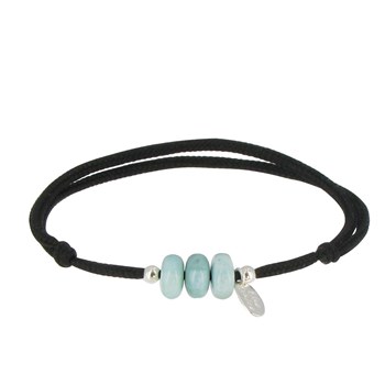 Black Link Bracelet with 3 Larimar Rings and Two 925 Silver Pearls