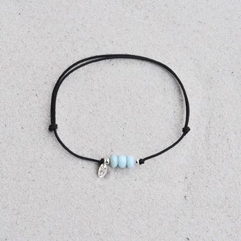 Black Link Bracelet with 3 Larimar Rings and Two 925 Silver Pearls