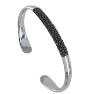 Bracelet Mixte Demi Jonc Laiton Rhodié et Cuir - Gris