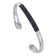 Bracelet Mixte Demi Jonc Laiton Rhodié et Cuir - Bleu Navy