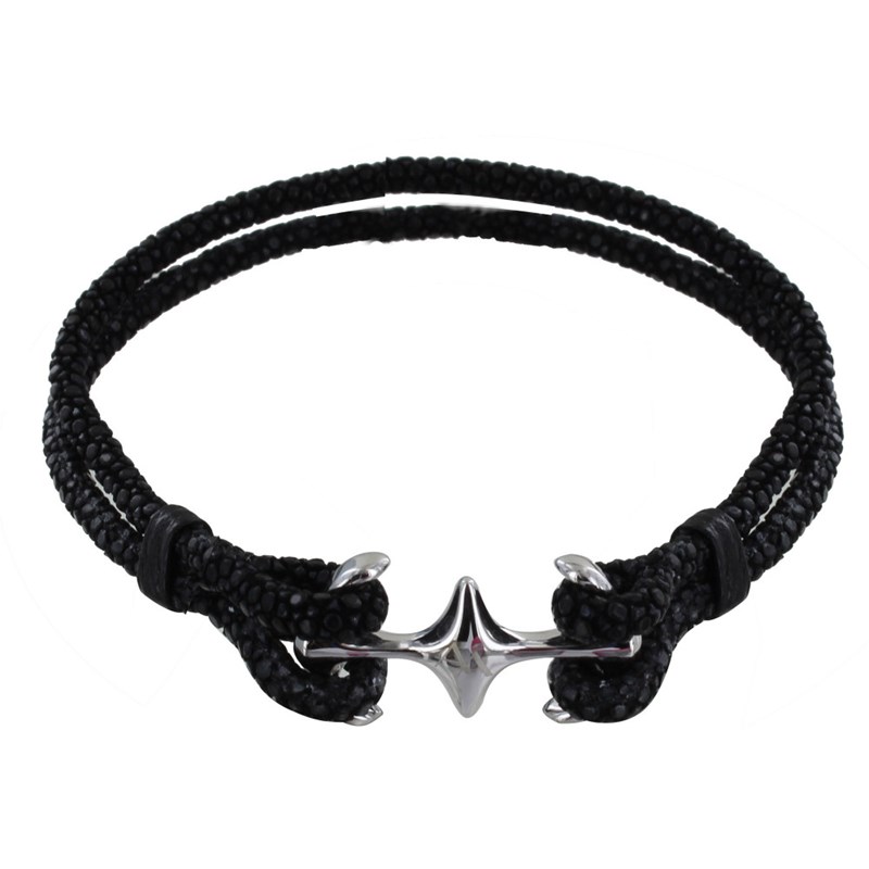 Bracelet Mixte en Argent 925 Rhodié Double Ancre et Cuir - 20cm - Noir