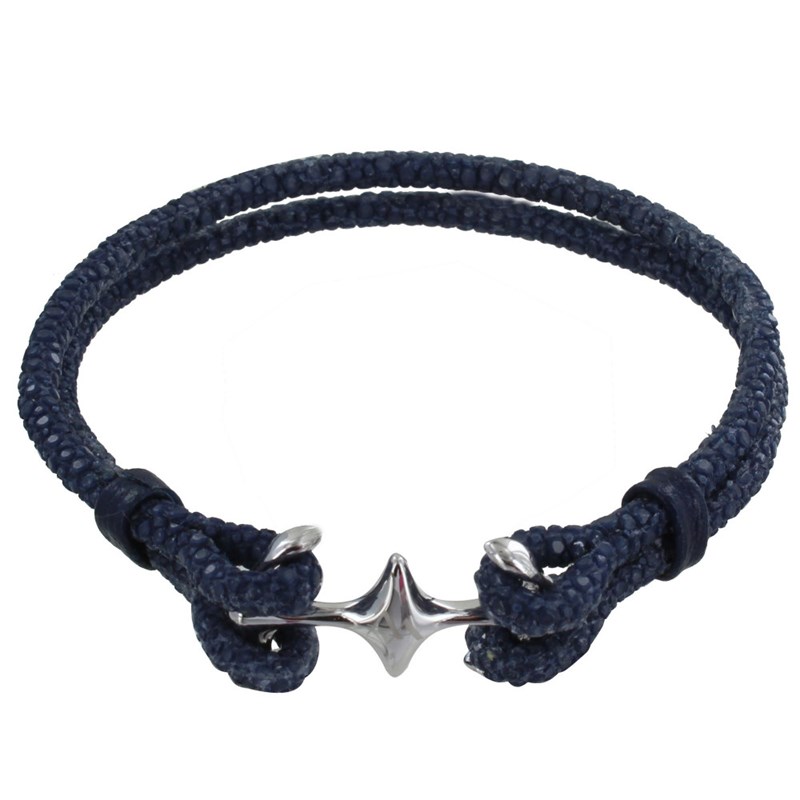 Bracelet Mixte en Argent Rhodié Double Ancre et Cuir - 20cm - Bleu Navy - vue 3