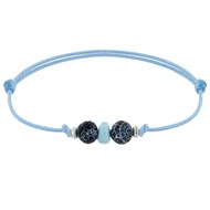 Bracelet Lien Synthétique Deux Perles d'Agate Craquelées Un Anneau de Larimar et Deux d'Argent - Bleu ciel
