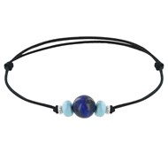 Bracelet Lien Perle de Lapis Lazuli Deux Anneaux de Larimar et d'Argent 925 - Noir