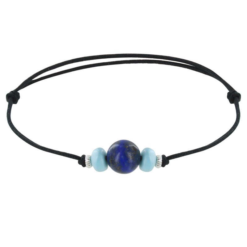 Bracelet Lien Synthétique Perle de Lapis Lazuli Deux Anneaux de Larimar et d'Argent - Noir