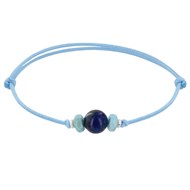 Bracelet Lien Synthétique Perle de Lapis Lazuli Deux Anneaux de Larimar et d'Argent - Bleu ciel