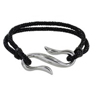 Bracelet Mixte en Laiton Rhodié Crochet et Galuchat - 20cm - Noir